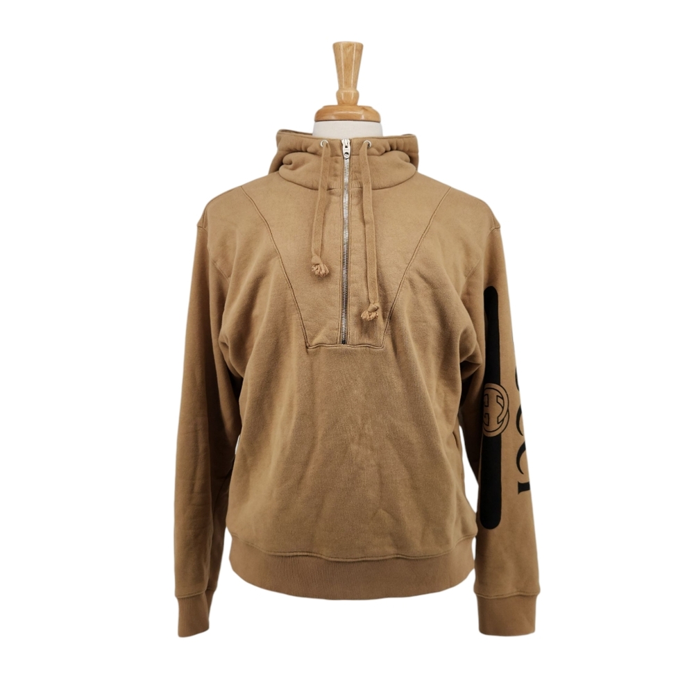 Gucci Men's Tan Brown Cotton Half-Zip Hoodie Sweatshirt Size M